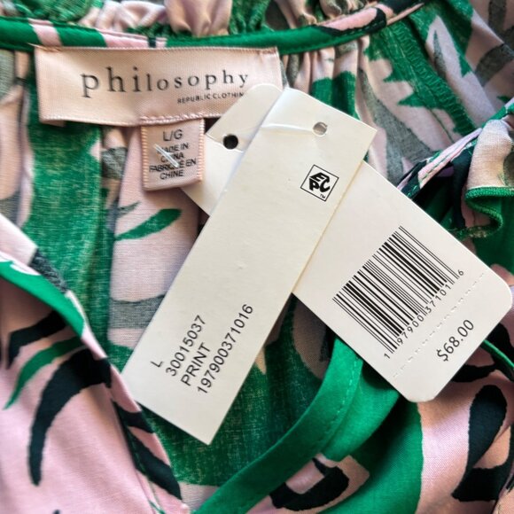 Philosophy Tie Neck Floral Blouse Top Short Ruffle Sleeves Sz Large Green Pink - Picture 8 of 9